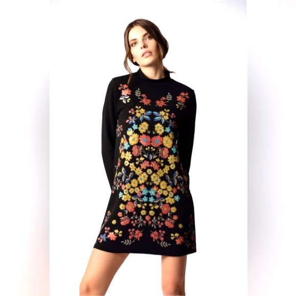 Zara Black Dress with Multicolor Floral Embroidery Long Sleeve
